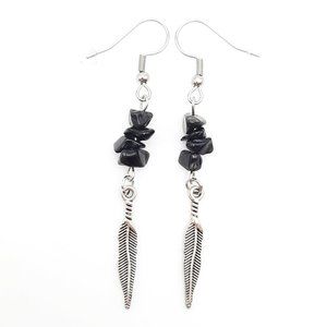Feather Black Jasper Chakra Gemstone Dangle Drop Earrings Handmade Jewelry